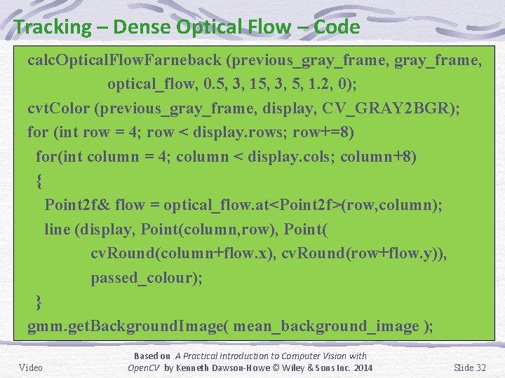 Tracking – Dense Optical Flow – Code calc. Optical. Flow. Farneback (previous_gray_frame, optical_flow, 0.