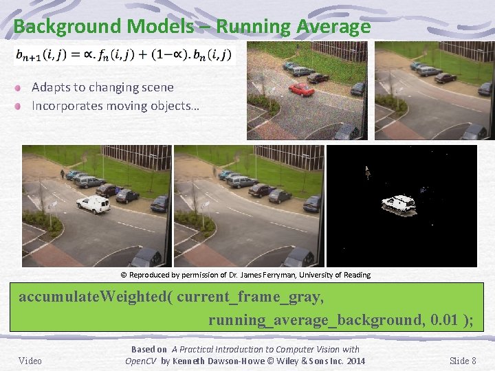 Background Models – Running Average Adapts to changing scene Incorporates moving objects… © Reproduced