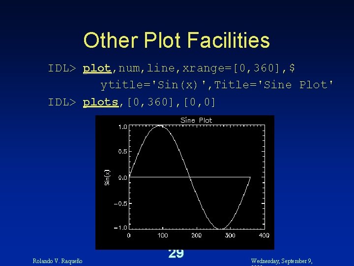 Other Plot Facilities IDL> plot, num, line, xrange=[0, 360], $ plot ytitle='Sin(x)', Title='Sine Plot'