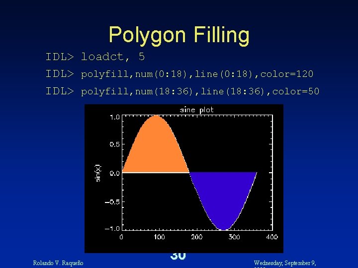 Polygon Filling IDL> loadct, 5 IDL> polyfill, num(0: 18), line(0: 18), color=120 IDL> polyfill,