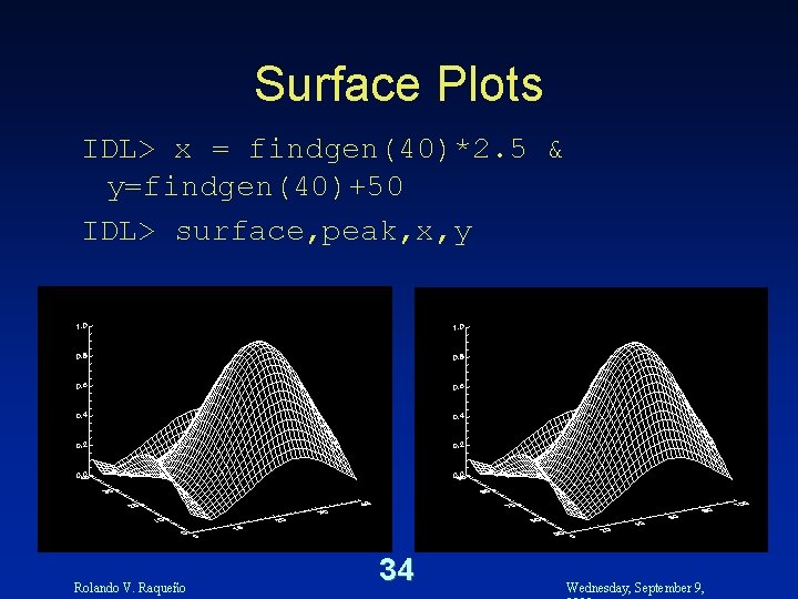Surface Plots IDL> x = findgen(40)*2. 5 & y=findgen(40)+50 IDL> surface, peak, x, y