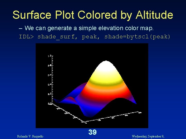 Surface Plot Colored by Altitude – We can generate a simple elevation color map.