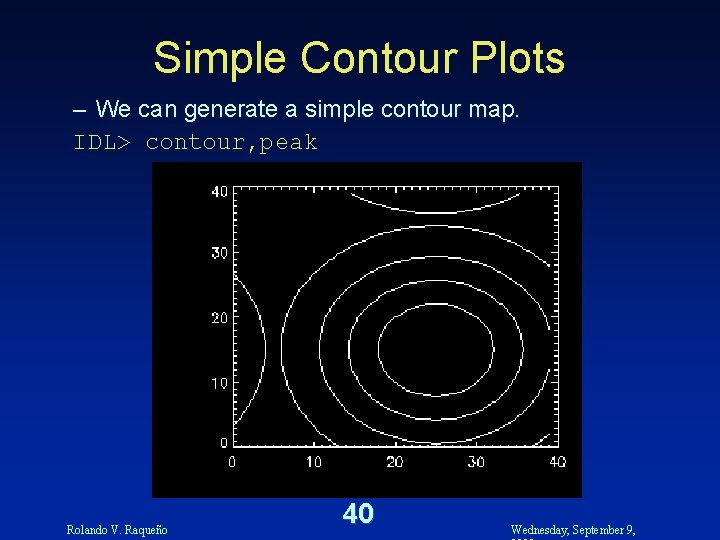 Simple Contour Plots – We can generate a simple contour map. IDL> contour, peak