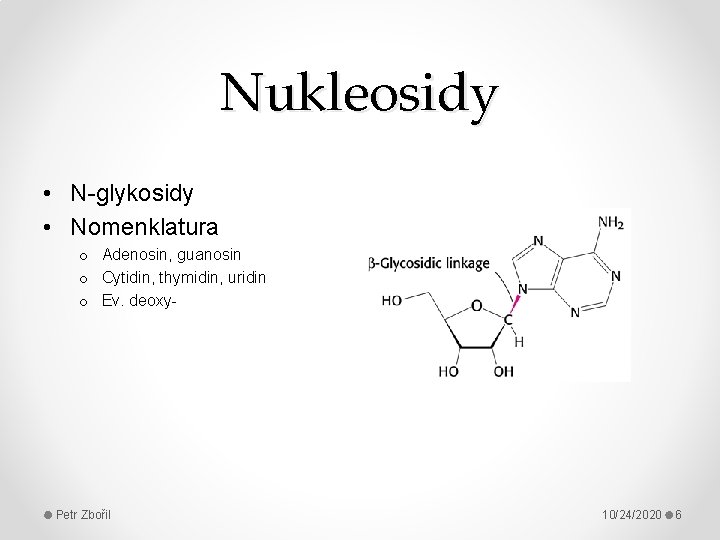 Nukleosidy • N-glykosidy • Nomenklatura o Adenosin, guanosin o Cytidin, thymidin, uridin o Ev.