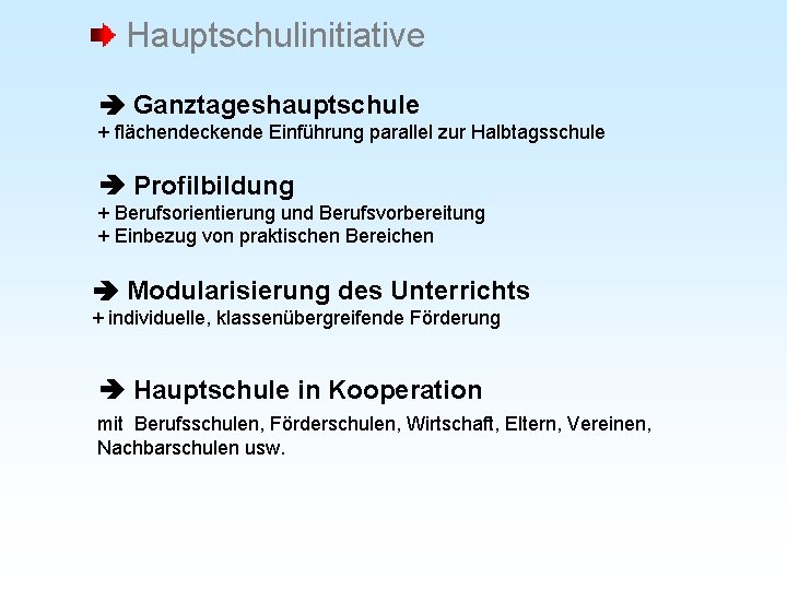 Hauptschulinitiative Ganztageshauptschule + flächendeckende Einführung parallel zur Halbtagsschule Profilbildung + Berufsorientierung und Berufsvorbereitung +