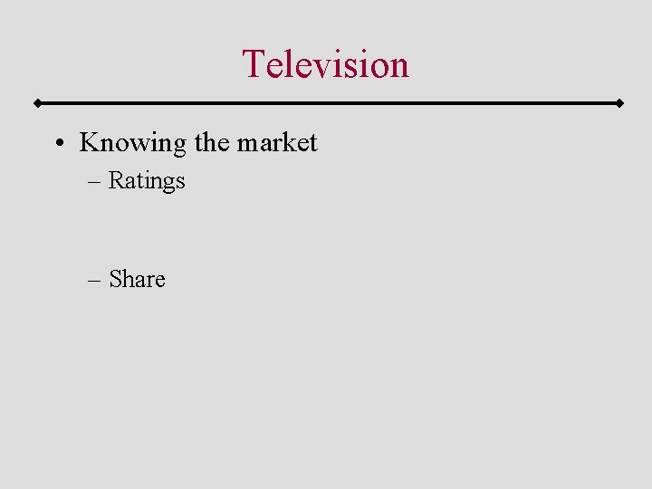 Television • Knowing the market – Ratings – Share 
