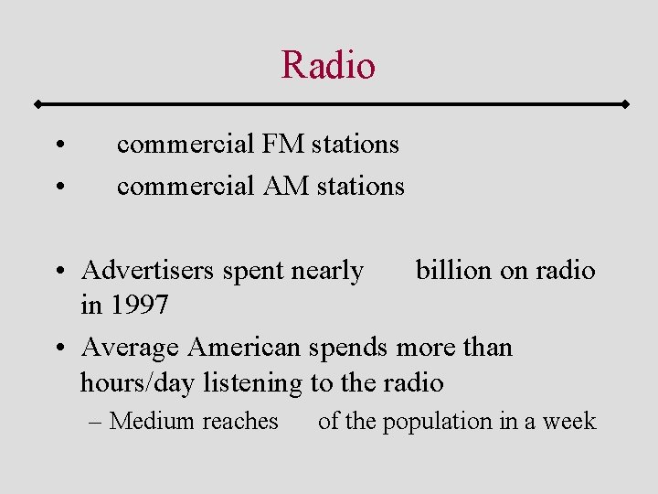 Radio • • commercial FM stations commercial AM stations • Advertisers spent nearly billion