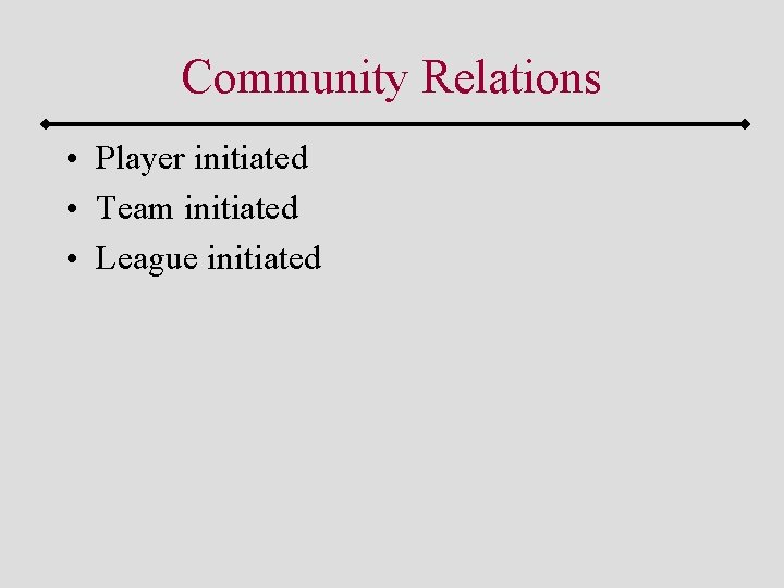 Community Relations • Player initiated • Team initiated • League initiated 