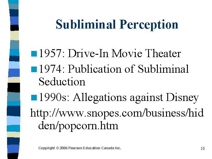 Subliminal Perception n 1957: Drive-In Movie Theater n 1974: Publication of Subliminal Seduction n Subliminal Perception n 1957: Drive-In Movie Theater n 1974: Publication of Subliminal Seduction n