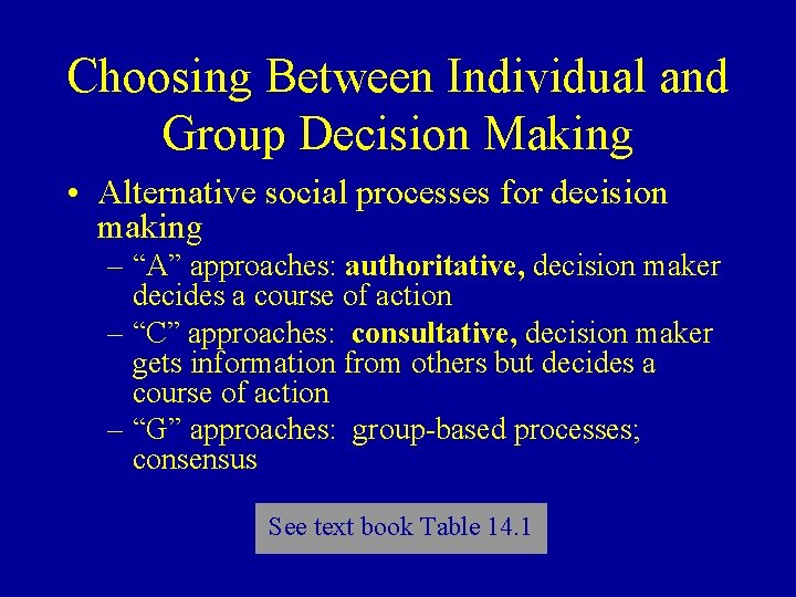 Choosing Between Individual and Group Decision Making • Alternative social processes for decision making