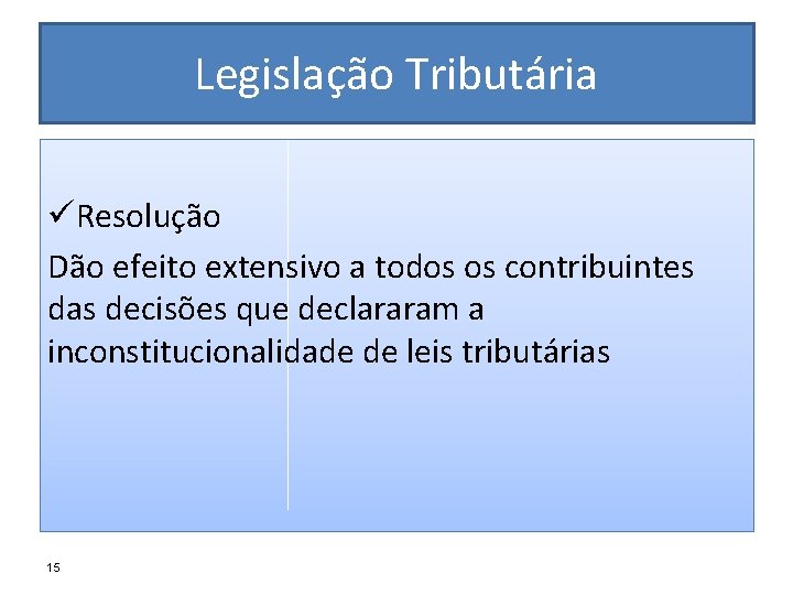 Legislação Tributária üResolução Dão efeito extensivo a todos os contribuintes das decisões que declararam