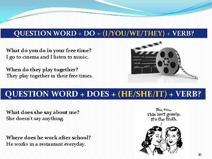 QUESTION WORD + DO + (I/YOU/WE/THEY) + VERB? What do you do in your