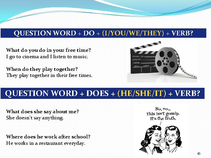 QUESTION WORD + DO + (I/YOU/WE/THEY) + VERB? What do you do in your QUESTION WORD + DO + (I/YOU/WE/THEY) + VERB? What do you do in your