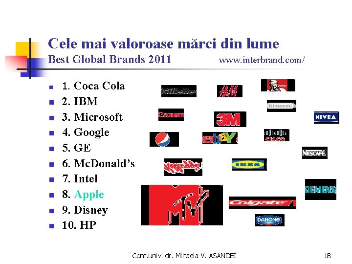 Cele mai valoroase mărci din lume Best Global Brands 2011 www. interbrand. com/ n