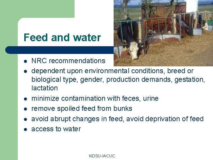 Feed and water l l l NRC recommendations dependent upon environmental conditions, breed or