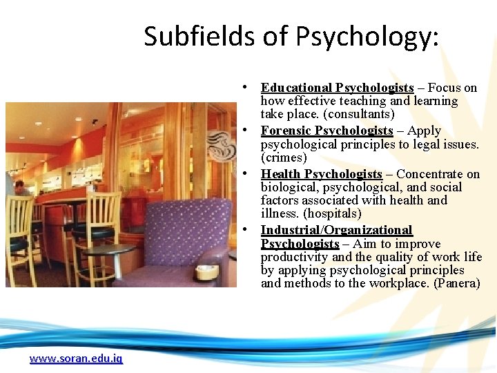 Subfields of Psychology: • Educational Psychologists – Focus on how effective teaching and learning