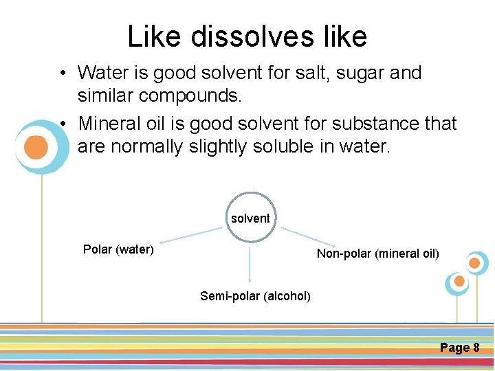 Like dissolves like • Water is good solvent for salt, sugar and similar compounds.