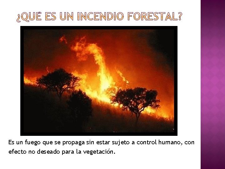 Es un fuego que se propaga sin estar sujeto a control humano, con efecto