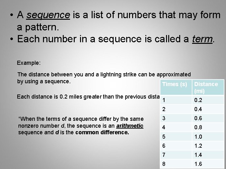  • A sequence is a list of numbers that may form a pattern.