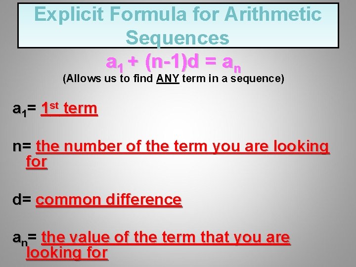 Explicit Formula for Arithmetic Sequences a 1 + (n-1)d = an (Allows us to