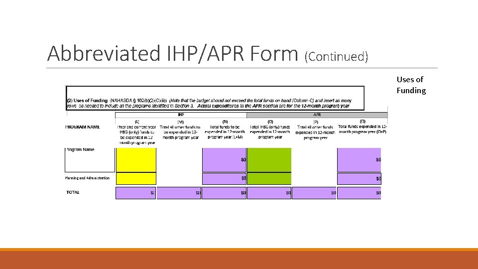 Abbreviated IHP/APR Form (Continued) Uses of Funding 