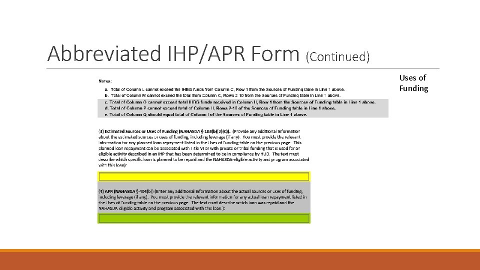 Abbreviated IHP/APR Form (Continued) Uses of Funding 