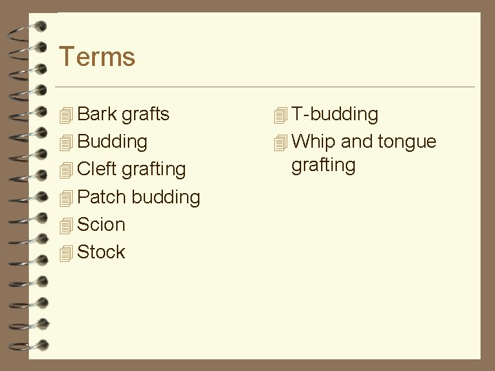 Terms 4 Bark grafts 4 T-budding 4 Budding 4 Whip and tongue 4 Cleft