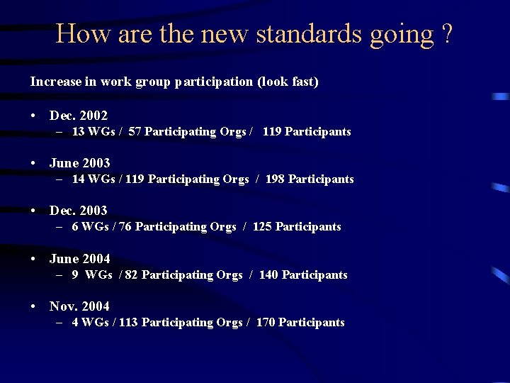 How are the new standards going ? Increase in work group participation (look fast)