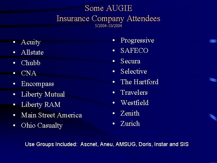 Some AUGIE Insurance Company Attendees 5/2004 -10/2004 • • • Acuity Allstate Chubb CNA