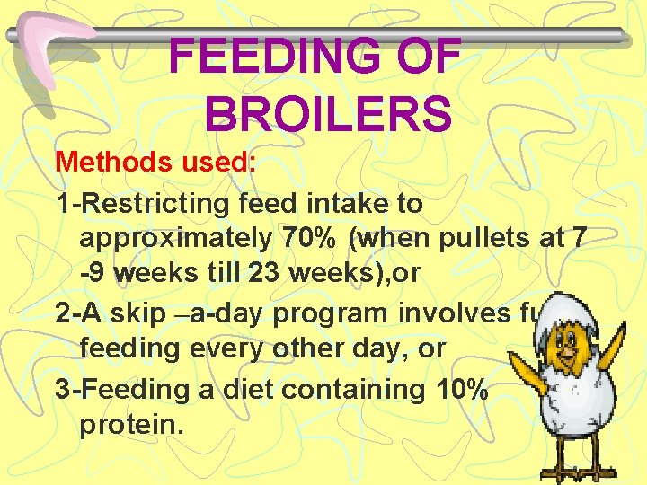 FEEDING OF BROILERS Methods used: 1 -Restricting feed intake to approximately 70% (when pullets