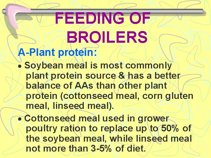 FEEDING OF BROILERS A-Plant protein: Soybean meal is most commonly plant protein source &