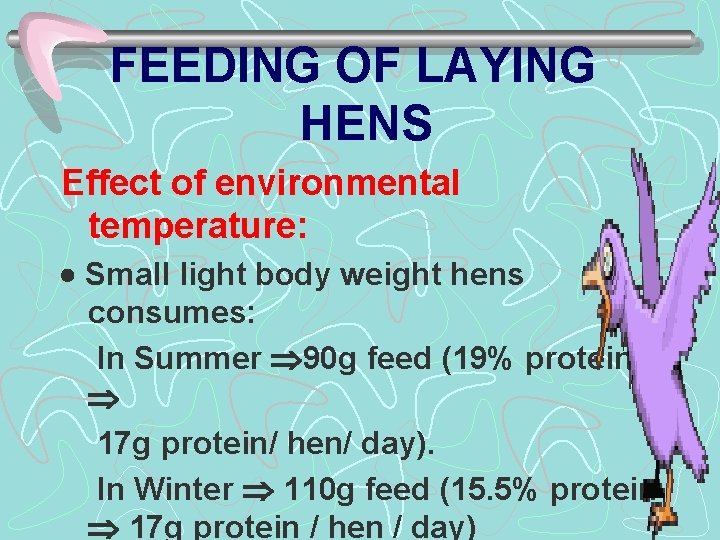 FEEDING OF LAYING HENS Effect of environmental temperature: Small light body weight hens consumes: