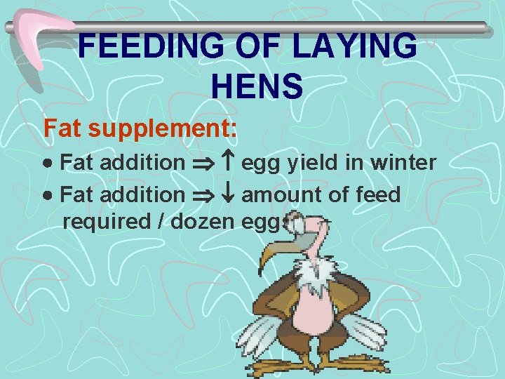 FEEDING OF LAYING HENS Fat supplement: Fat addition egg yield in winter Fat addition