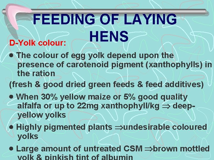 FEEDING OF LAYING HENS D-Yolk colour: The colour of egg yolk depend upon the