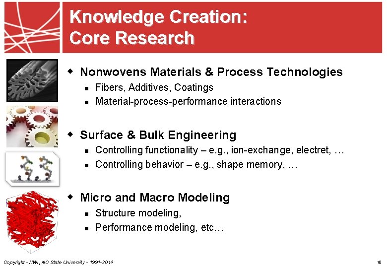 Knowledge Creation: Core Research w Nonwovens Materials & Process Technologies n n Fibers, Additives,
