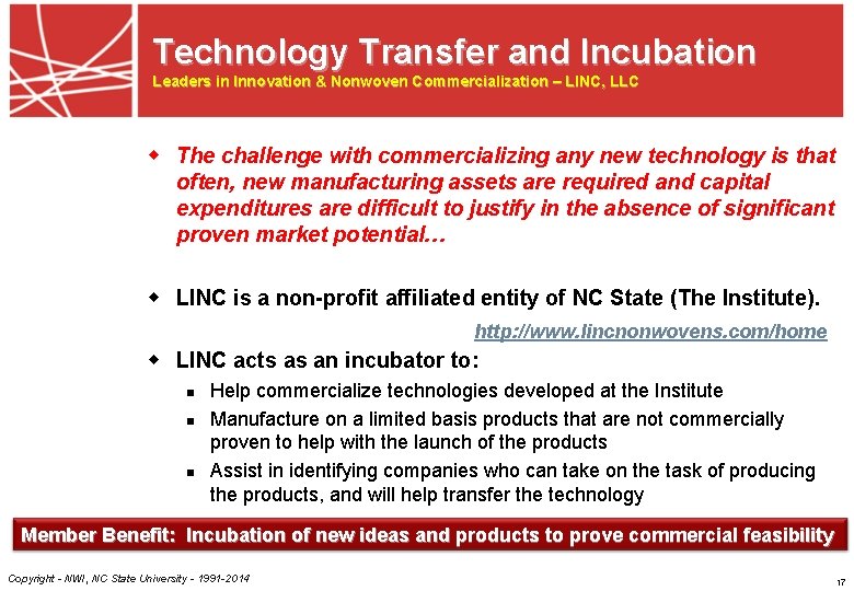 Technology Transfer and Incubation Leaders in Innovation & Nonwoven Commercialization – LINC, LLC w