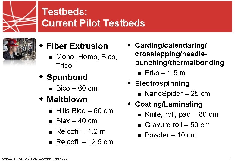 Testbeds: Current Pilot Testbeds w Fiber Extrusion n Mono, Homo, Bico, Trico w Spunbond