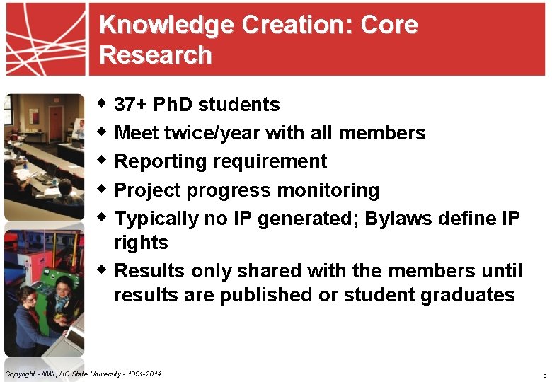 Knowledge Creation: Core Research w 37+ Ph. D students w Meet twice/year with all