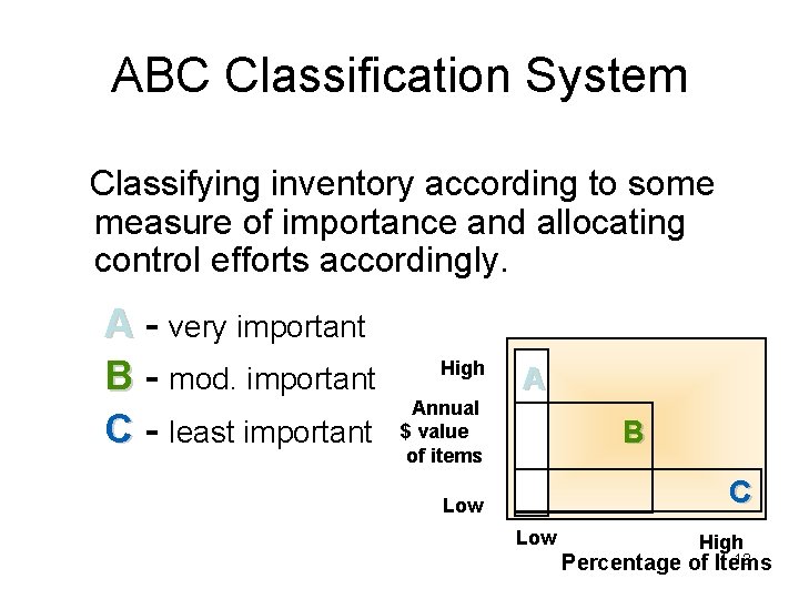 ABC Classification System Classifying inventory according to some measure of importance and allocating control
