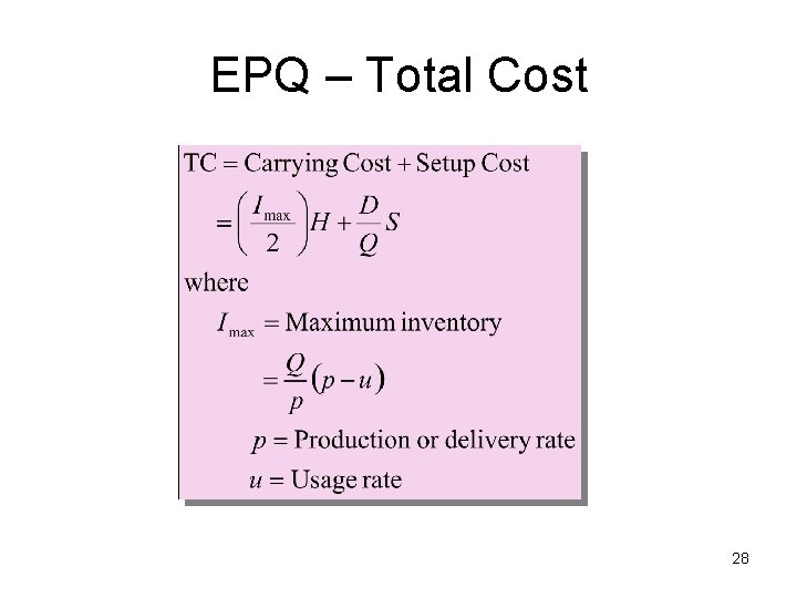 EPQ – Total Cost 28 