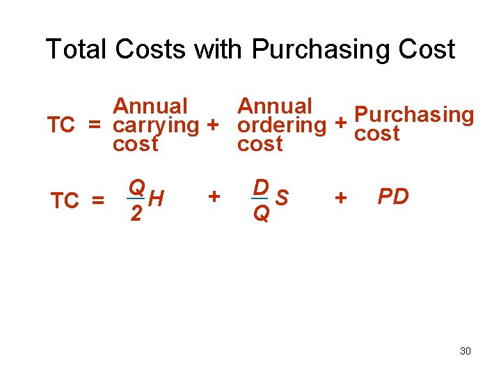 Total Costs with Purchasing Cost Annual Purchasing + TC = carrying + ordering cost