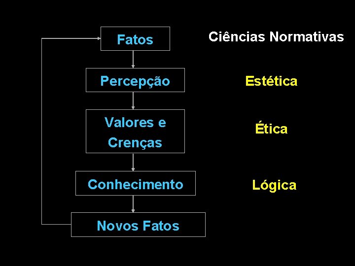 Fatos Ciências Normativas Percepção Estética Valores e Crenças Ética Conhecimento Lógica Novos Fatos 