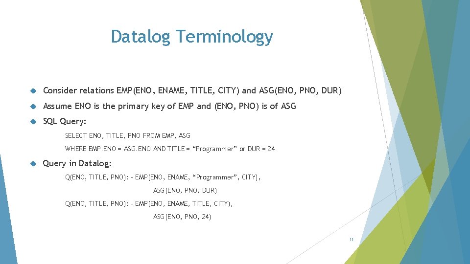 Datalog Terminology Consider relations EMP(ENO, ENAME, TITLE, CITY) and ASG(ENO, PNO, DUR) Assume ENO