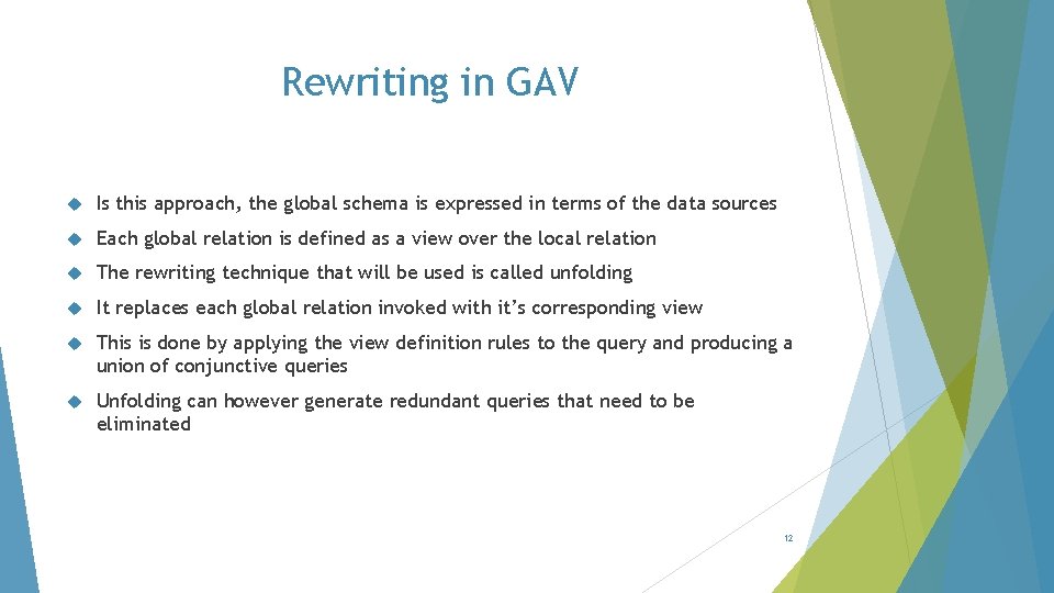 Rewriting in GAV Is this approach, the global schema is expressed in terms of