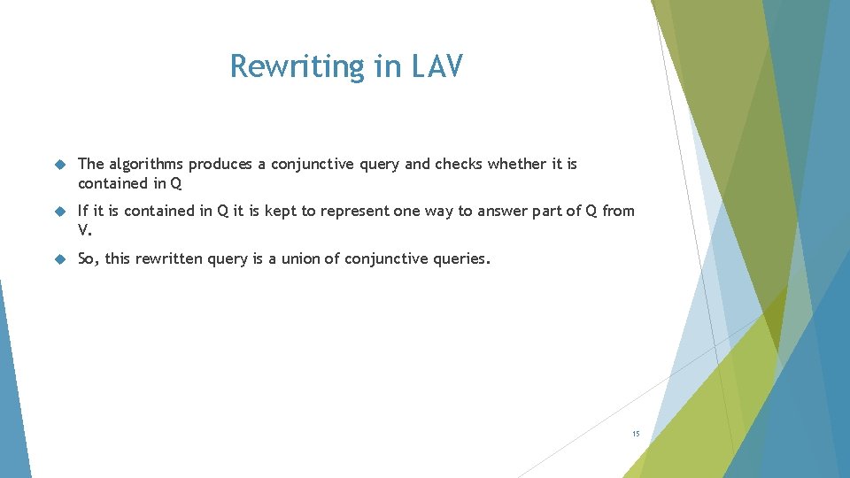 Rewriting in LAV The algorithms produces a conjunctive query and checks whether it is