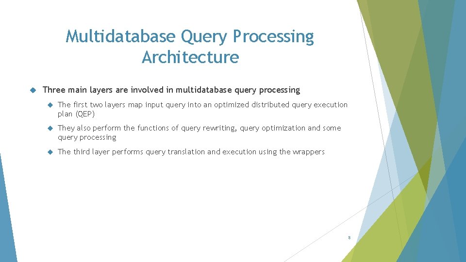 Multidatabase Query Processing Architecture Three main layers are involved in multidatabase query processing The