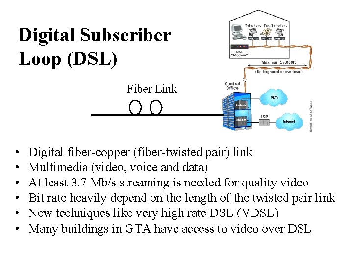 Digital Subscriber Loop (DSL) Fiber Link • • • Digital fiber-copper (fiber-twisted pair) link