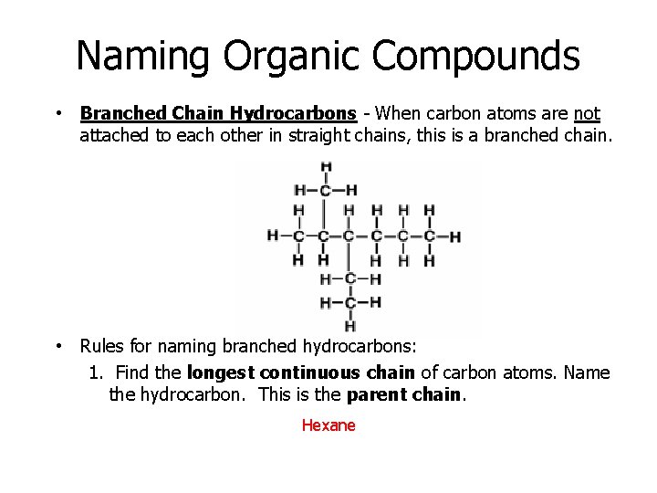 Naming Organic Compounds • Branched Chain Hydrocarbons - When carbon atoms are not attached