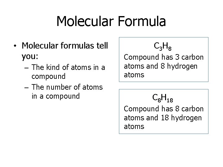 Molecular Formula • Molecular formulas tell you: – The kind of atoms in a