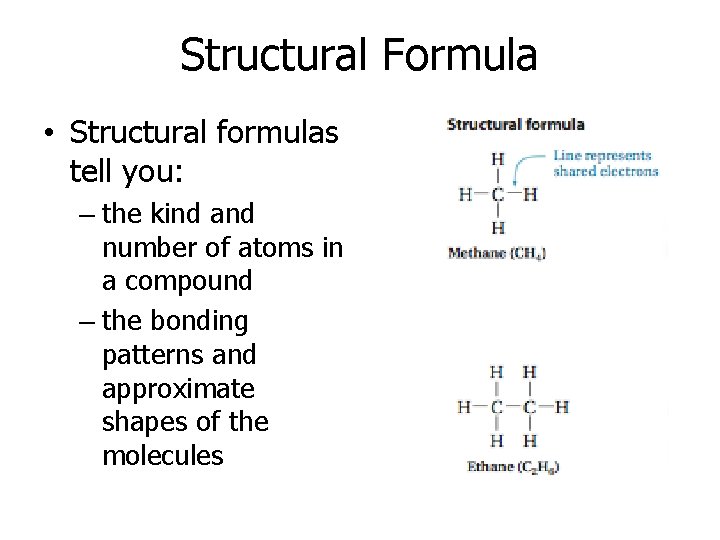 Structural Formula • Structural formulas tell you: – the kind and number of atoms